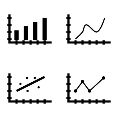 Çubuk Grafik, Sivri Çizgi Grafiği ve Dağılım Grafiği Üzerinde İstatistik Simgeleri Kümesi. App, Web, Mobil ve Infographics Tasarım için İstatistik Vektör Simgeleri.