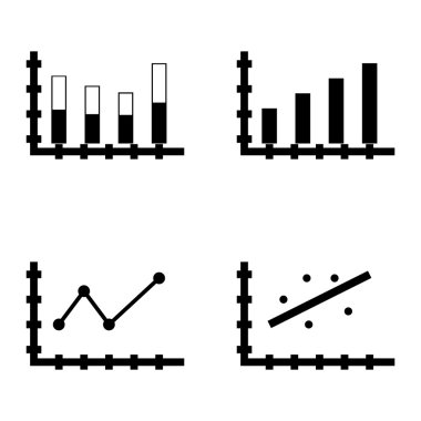 Çubuk Grafik, Sivri Çizgi Grafiği ve Dağılım Grafiği Üzerinde İstatistik Simgeleri Kümesi. App, Web, Mobil ve Infographics Tasarım için İstatistik Vektör Simgeleri.