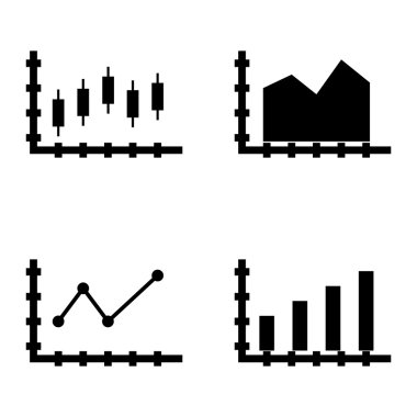 Çubuk Grafikte İstatistik Simgeleri Kümesi, Sivri Çizgi Grafiği ve Mumlar Grafiği. App, Web, Mobil ve Infographics Tasarım için İstatistik Vektör Simgeleri.