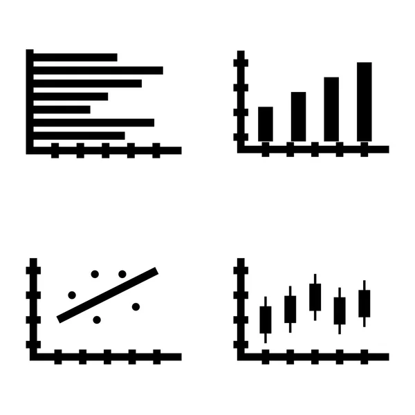 Satz von Statistik-Symbolen auf Balkendiagrammen, horizontalen Balkendiagrammen und Kerzen-Diagrammen. Statistik-Vektor-Icons für App, Web, Mobile und Infografik-Design. — Stockvektor