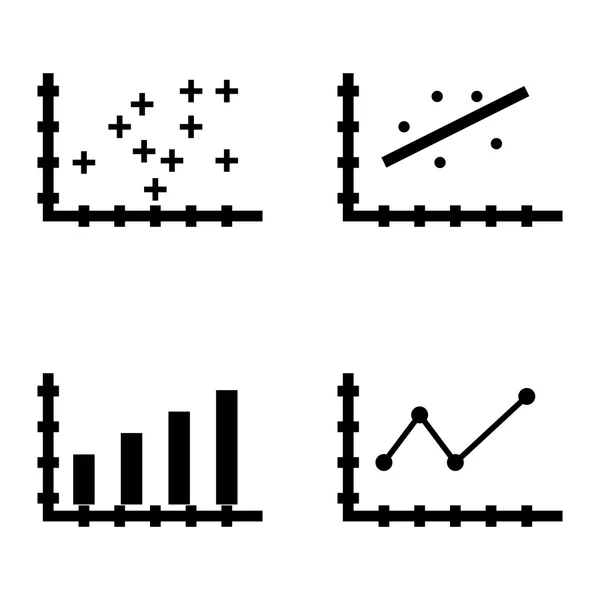 Conjunto de iconos de estadísticas en el gráfico de barras, gráfico de líneas puntiagudas y gráfico de dispersión. Iconos de vectores de estadísticas para diseño de aplicaciones, web, móviles e infografías . — Archivo Imágenes Vectoriales