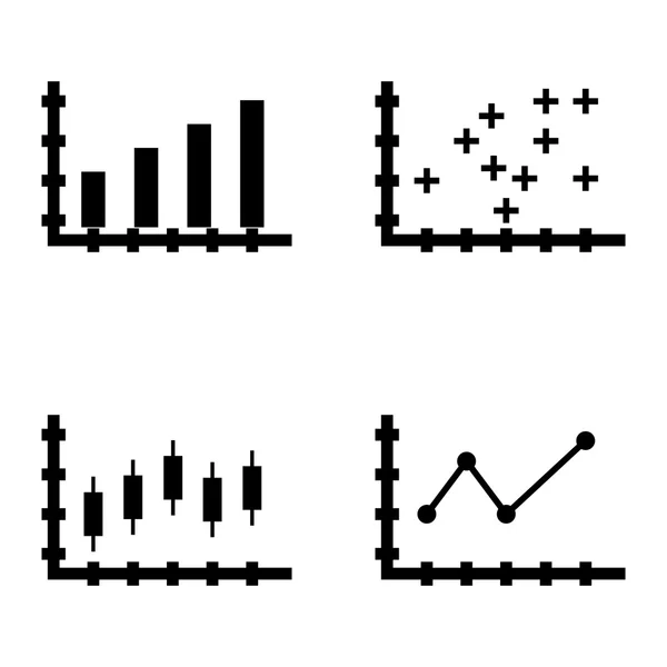 Conjunto de iconos de estadísticas en el gráfico de barras, gráfico de líneas puntiagudas y gráfico de velas. Iconos de vectores de estadísticas para diseño de aplicaciones, web, móviles e infografías . — Archivo Imágenes Vectoriales