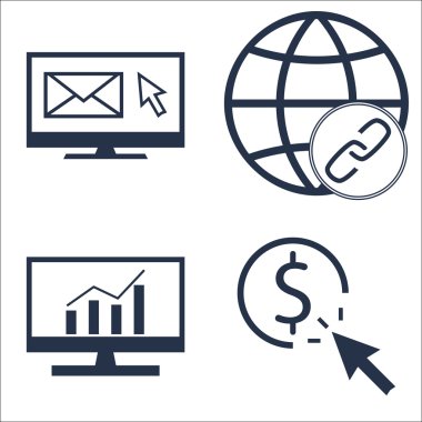Set Seo, Pazarlama ve Reklam Simgeleri Kapsamlı Analitik, E-posta Pazarlama, Bağlantı Oluşturma Ve Daha Fazlası. Üstün Kaliteli Eps10 Vektör İllüstrasyon Mobil, Uygulama, Ui Tasarım için.
