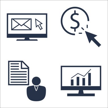 Set Seo, Pazarlama ve Reklam Simgeleri Müşteri Kısa, Kapsamlı Analitik, Tıklama Başına Ödeme ve Daha Fazlası. Üstün Kaliteli Eps10 Vektör İllüstrasyon Mobil, Uygulama, Ui Tasarım için.