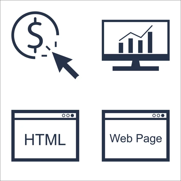 Uppsättning av SEO, marknadsföring och reklam ikoner på webbsidan, omfattande analys, HTML-kod och mer. Premium kvalitet Eps10 vektor illustration för mobil, app, UI design. — Stock vektor