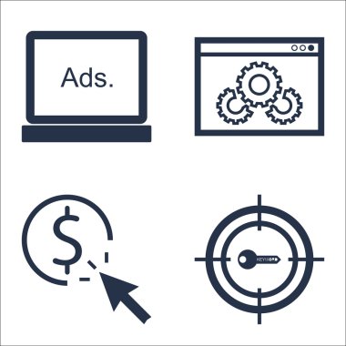 Set Seo, Pazarlama Ve Reklam Simgeleri On Pay Per Click, Display Advertising, Web Sitesi Optimizasyonu Ve Daha Fazlası. Üstün Kaliteli Eps10 Vektör İllüstrasyon Mobil, Uygulama, Ui Tasarım için.