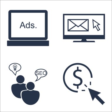 Seo, pazarlama ve reklam Pay Per Click, Seo danışmanlık, ekran reklam ve daha simgeleri kümesi. Premium Kalite Eps10 vektör çizim hareket eden, App, kullanıcı arabirimi tasarımı için.