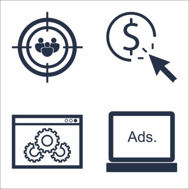Set Seo, Pazarlama ve Reklam Simgeleri On Pay Per Click, Hedef Kitle Hedefleme, Web Sitesi Optimizasyonu Ve Daha Fazlası. Üstün Kaliteli Eps10 Vektör İllüstrasyon Mobil, Uygulama, Ui Tasarım için.