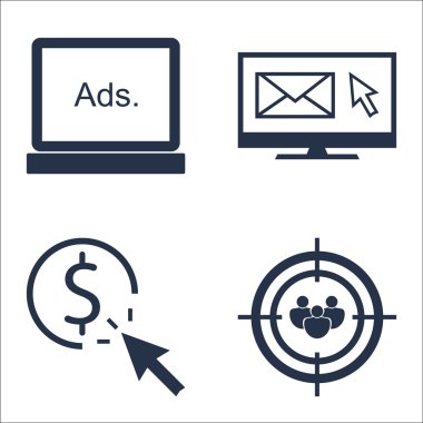 Set Seo, Pazarlama ve Reklam Simgeleri On Pay Per Click, Display Advertising, Hedef Kitle Hedefleme ve daha fazlası. Üstün Kaliteli Eps10 Vektör İllüstrasyon Mobil, Uygulama, Ui Tasarım için.