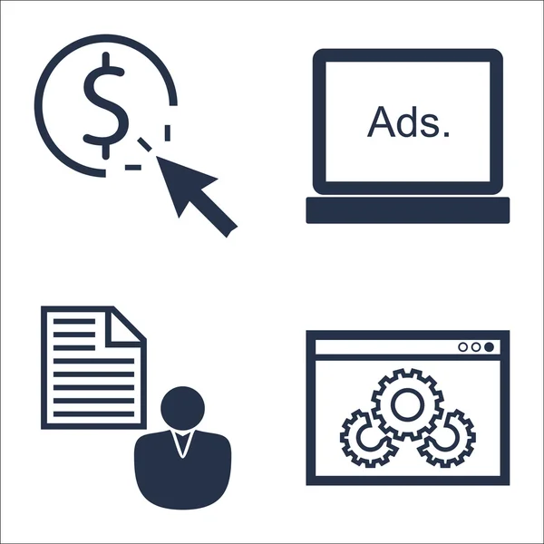 Uppsättning av SEO, marknadsföring och reklam ikoner på Pay per click, kund kort, display reklam och mer. Premium kvalitet Eps10 vektor illustration för mobil, app, UI design. — Stock vektor