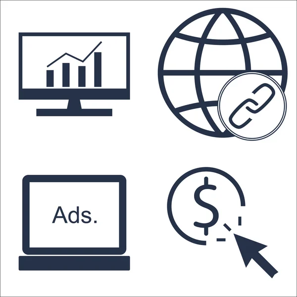 Ensemble d'icônes de SEO, de marketing et de publicité sur l'analyse complète, le salaire par clic, la publicité d'affichage et plus encore. Illustration vectorielle d'EPS10 de qualité supérieure pour la conception de mobile, d'application, d'interface utilisateur . — Image vectorielle