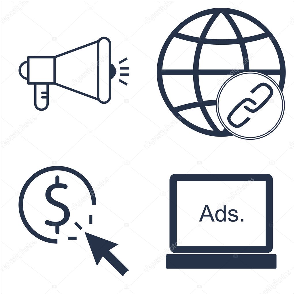 Set Of SEO, Marketing And Advertising Icons On Pay Per Click, Display Advertising, Link BUIlding And More. Premium Quality EPS10 Vector Illustration For Mobile, App, UI Design.