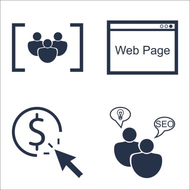 Set Seo, Pazarlama ve Reklam Simgeleri Odak Grubu, Tıklama Başına Ödeme, Web Sayfası Ve daha fazlası. Üstün Kaliteli Eps10 Vektör İllüstrasyon Mobil, Uygulama, Ui Tasarım için.