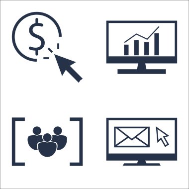 SEO, Pazarlama ve Reklam Simgeleri, Emall Pazarlama, Odaklanma Grubu, Kapsamlı Analizler ve Daha fazlası. Mobil, Uygulama ve UI Tasarımı için Premium Kaliteli EPS10 Vektör İllüstrasyonu.