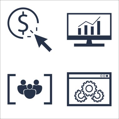 Set Seo, Pazarlama ve Reklam Simgeleri Odak Grubu, Kapsamlı Analitik, Tıklama Başına Ödeme ve Daha Fazlası. Üstün Kaliteli Eps10 Vektör İllüstrasyon Mobil, Uygulama, Ui Tasarım için.