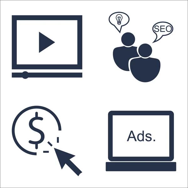 Állítsa be a SEO, marketing és reklám ikonok on pay per click, Display reklám, SEO Consulting és így tovább. Prémium minőségű Eps10 Vector illusztráció mobil, app, UI design. — Stock Vector