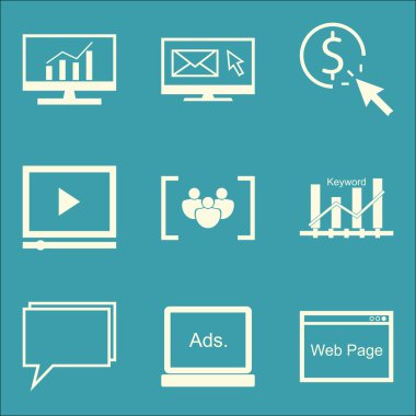 Set Seo, Pazarlama ve Reklam Simgeleri Kapsamlı Analitik, Görüntülü Reklam, Video Reklam ve daha fazlası. Üstün Kaliteli Eps10 Vektör İllüstrasyon Mobil, Uygulama, Ui Tasarım için.