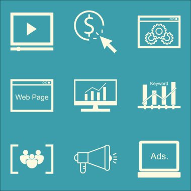 Set Seo, Pazarlama Ve Reklam Simgeleri Anahtar Kelime Sıralaması, Kapsamlı Analitik, Web Sitesi Optimizasyonu Ve daha fazlası. Üstün Kaliteli Eps10 Vektör İllüstrasyon Mobil, Uygulama, Ui Tasarım için.