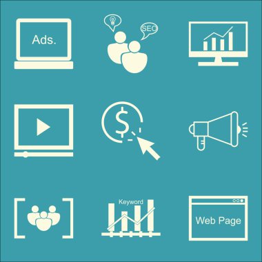Set Seo, Pazarlama ve Reklam Simgeleri On Pay Per Click, Display Advertising, Focus Group Ve Daha Fazlası. Üstün Kaliteli Eps10 Vektör İllüstrasyon Mobil, Uygulama, Ui Tasarım için.