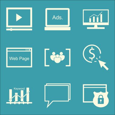 Set Seo, Pazarlama ve Reklam Simgeleri Odak Grubu, Görüntülü Reklam, Kapsamlı Analitik Ve Daha Fazlası. Üstün Kaliteli Eps10 Vektör İllüstrasyon Mobil, Uygulama, Ui Tasarım için.