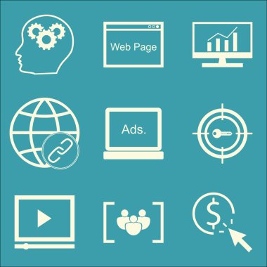 Set Of SEO, Marketing And Advertising Icons On Display Advertising, Link Building, Video Advertising And More. Premium Quality EPS10 Vector Illustration For Mobile, App, UI Design.