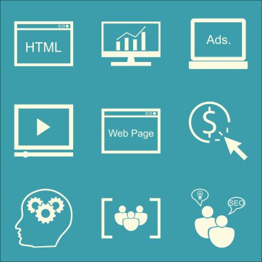Set Seo, Pazarlama ve Reklam Simgeleri Video Reklam, Kapsamlı Analitik, Tıklama Başına Ödeme ve Daha Fazlası. Üstün Kaliteli Eps10 Vektör İllüstrasyon Mobil, Uygulama, Ui Tasarım için.