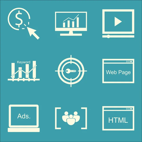 Ensemble d'icônes de SEO, de marketing et de publicité sur le classement des mots clés, la publicité vidéo, le code Html et plus encore. Illustration vectorielle d'EPS10 de qualité supérieure pour la conception de mobile, d'application, d'interface utilisateur . — Image vectorielle