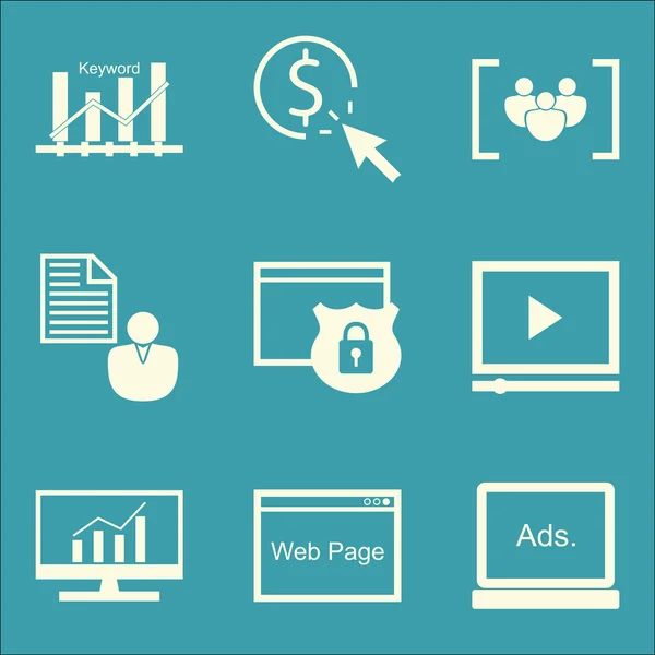 Ensemble d'icônes de SEO, de marketing et de publicité sur la publicité vidéo, groupe de discussion, classement de mot-clé et plus encore. Illustration vectorielle d'EPS10 de qualité supérieure pour la conception de mobile, d'application, d'interface utilisateur . — Image vectorielle