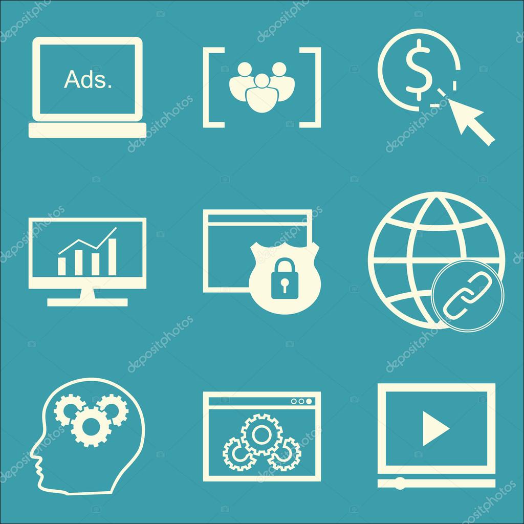 Seo ウェブサイトの最適化 ディスプレイ広告 包括的な分析など Seo マーケティングと広告のアイコンのセット モバイル アプリ Uiデザインのためのプレミアム品質eps10ベクトルイラストレーション ストックベクター C lbedouin Gmail Com