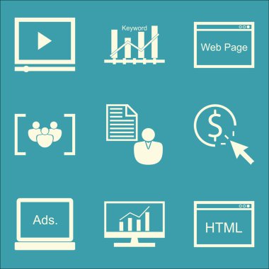 Set Seo, Pazarlama Ve Reklam Simgeleri Video Reklam, Html Kodu, Odak Grubu Ve Daha Fazlası. Üstün Kaliteli Eps10 Vektör İllüstrasyon Mobil, Uygulama, Ui Tasarım için.