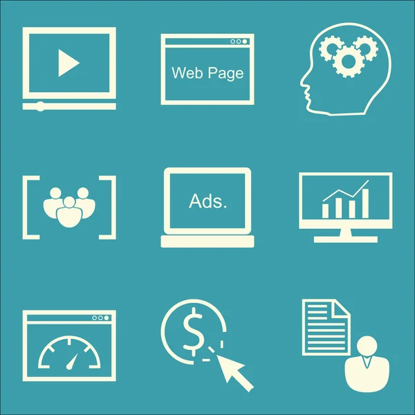 Set Of SEO, Marketing And Advertising Icons On Pay Per Click, Video Advertising, Focus Group And More (англійською). Premium Quality EPS10 Vector Illustration For Mobile, App, UI Design. — стоковий вектор