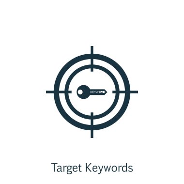 Trendy Düz tarzda hedef anahtar kelimeler üzerinde Seo, pazarlama ve reklam simgesi vektör illüstrasyon. Seo, Pazarlama Ve Reklam Web, Mobil ve Infographics Tasarım, Eps10 için İzole Simge.