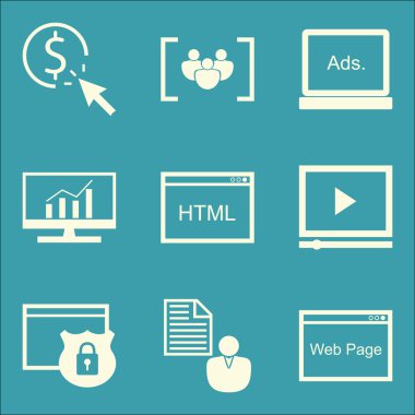 Set Seo, Pazarlama ve Reklam Simgeleri Web Sitesi Koruma, Tıklama Başına Ödeme, Görüntülü Reklam Ve Daha Fazlası. Üstün Kaliteli Eps10 Vektör İllüstrasyon Mobil, Uygulama, Ui Tasarım için.