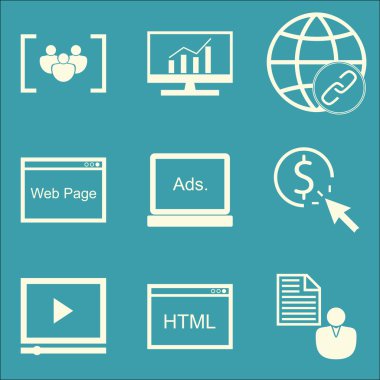 Set Seo, Pazarlama ve Reklam Simgeleri Video Reklam, Odak Grubu, Tıklama Başına Ödeme Ve Daha Fazlası. Üstün Kaliteli Eps10 Vektör İllüstrasyon Mobil, Uygulama, Ui Tasarım için.
