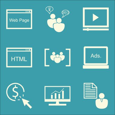Set Seo, Pazarlama ve Reklam Simgeleri Odak Grubu, Html Kodu, Kapsamlı Analitik Ve Daha Fazlası. Üstün Kaliteli Eps10 Vektör İllüstrasyon Mobil, Uygulama, Ui Tasarım için.