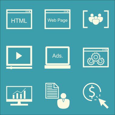 Set Seo, Pazarlama ve Reklam Simgeleri Ekran Reklam, Müşteri Kısa, Html Kodu Ve daha fazlası. Üstün Kaliteli Eps10 Vektör İllüstrasyon Mobil, Uygulama, Ui Tasarım için.