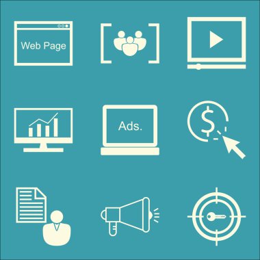 Seo, pazarlama ve simgeleri ekran reklam, Viral Pazarlama, Web sayfası ve daha fazla reklam kümesi. Premium Kalite Eps10 vektör çizim hareket eden, App, kullanıcı arabirimi tasarımı için.