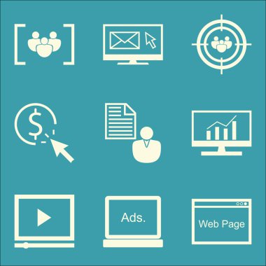 Set Seo, Pazarlama Ve Reklam Simgeleri Video Reklam, E-posta Pazarlama, Tıklama Başına Ödeme Ve Daha Fazlası. Üstün Kaliteli Eps10 Vektör İllüstrasyon Mobil, Uygulama, Ui Tasarım için.