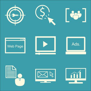Set Seo, Pazarlama Ve Reklam Simgeleri Odak Grubu, E-posta Pazarlama, Video Reklam Ve Daha Fazlası. Üstün Kaliteli Eps10 Vektör İllüstrasyon Mobil, Uygulama, Ui Tasarım için.