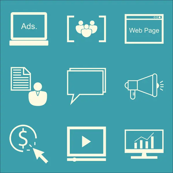 Csoportja, Seo, Marketing és reklám ikonokat a hirdetésekkel, vírus Marketing, weblap, és több. Prémium minőségű Eps10 vektoros illusztráció Mobile App, felhasználói felület design. — Stock Vector