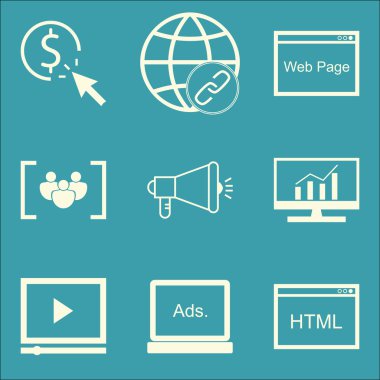 Set Seo, Pazarlama ve Reklam Simgeleri Odak Grubu, Kapsamlı Analitik, Tıklama Başına Ödeme ve Daha Fazlası. Üstün Kaliteli Eps10 Vektör İllüstrasyon Mobil, Uygulama, Ui Tasarım için.