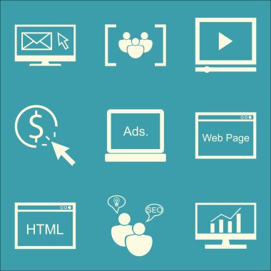 Set Seo, Pazarlama Ve Reklam Simgeleri Video Reklam, Tıklama Başına Ödeme, Seo Danışmanlık Ve daha fazlası. Üstün Kaliteli Eps10 Vektör İllüstrasyon Mobil, Uygulama, Ui Tasarım için.