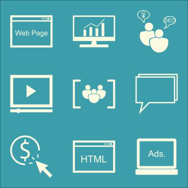 Set Seo, Pazarlama Ve Reklam Simgeleri Seo Danışmanlık, Odak Grubu, Video Reklam Ve Daha Fazlası. Üstün Kaliteli Eps10 Vektör İllüstrasyon Mobil, Uygulama, Ui Tasarım için.