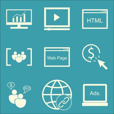 SEO, bağlantı bina, Html kodu, odak grup pazarlama ve reklam simgeler ve daha fazla kümesi. Premium Kalite Eps10 vektör çizim hareket eden, App, kullanıcı arabirimi tasarımı için.