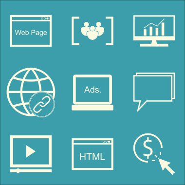 Set Seo, Pazarlama ve Reklam Simgeleri Web Sayfasında, Html Kodu, Kapsamlı Analitik ve daha fazlası. Üstün Kaliteli Eps10 Vektör İllüstrasyon Mobil, Uygulama, Ui Tasarım için.