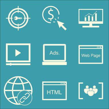 Set Seo, Pazarlama Ve Reklam Simgeleri Video Reklam, Görüntülü Reklam, Web Sayfası Ve Daha Fazlası. Üstün Kaliteli Eps10 Vektör İllüstrasyon Mobil, Uygulama, Ui Tasarım için.