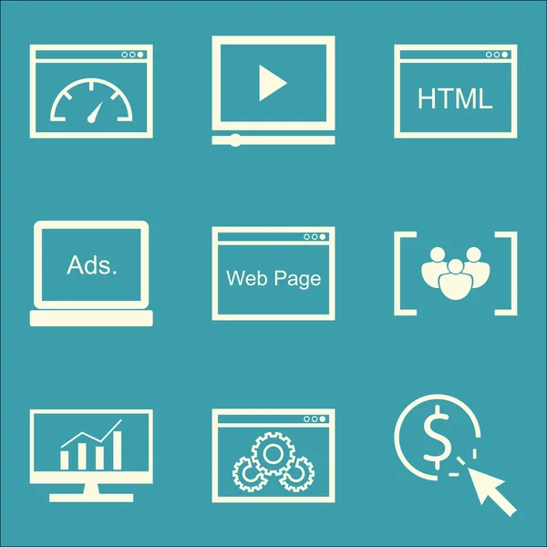 Seo、クリックあたりの支払い上のマーケティングと広告のアイコンのセット、包括的な分析、HTMLコードなど。モバイル、アプリ、Uiデザインのためのプレミアム品質Eps10ベクトルイラストレーション. — ストックベクタ