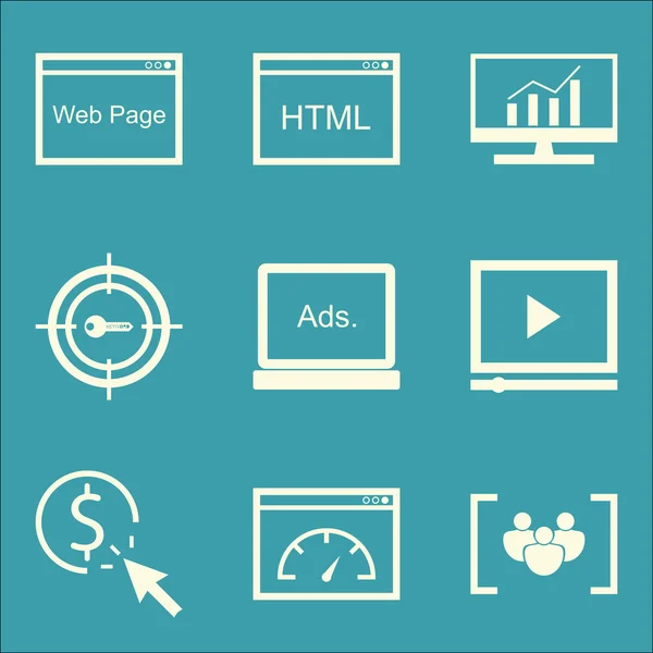 Ensemble d'icônes de SEO, de marketing et de publicité sur la publicité d'affichage, mots-clés de cible, salaire par clic et plus. Illustration vectorielle d'EPS10 de qualité supérieure pour la conception de mobile, d'application, d'interface utilisateur . — Image vectorielle