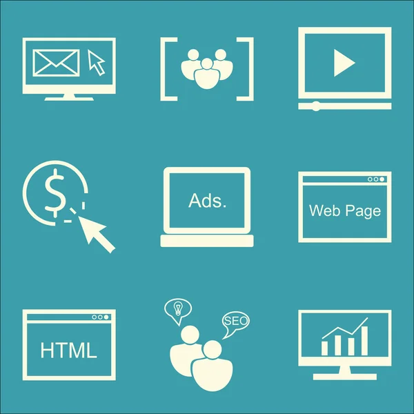 Conjunto de SEO, Iconos de Marketing y Publicidad en Video Publicidad, Pago por Clic, Consultoría SEO y Más. Ilustración de vectores EPS10 de calidad superior para móviles, aplicaciones, diseño de interfaz de usuario . — Vector de stock