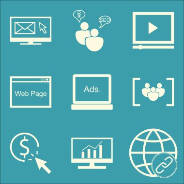 Seo, pazarlama ve simgeleri ekran reklam, Web sayfası, e-posta pazarlama ve daha fazla reklam kümesi. Premium Kalite Eps10 vektör çizim hareket eden, App, kullanıcı arabirimi tasarımı için.